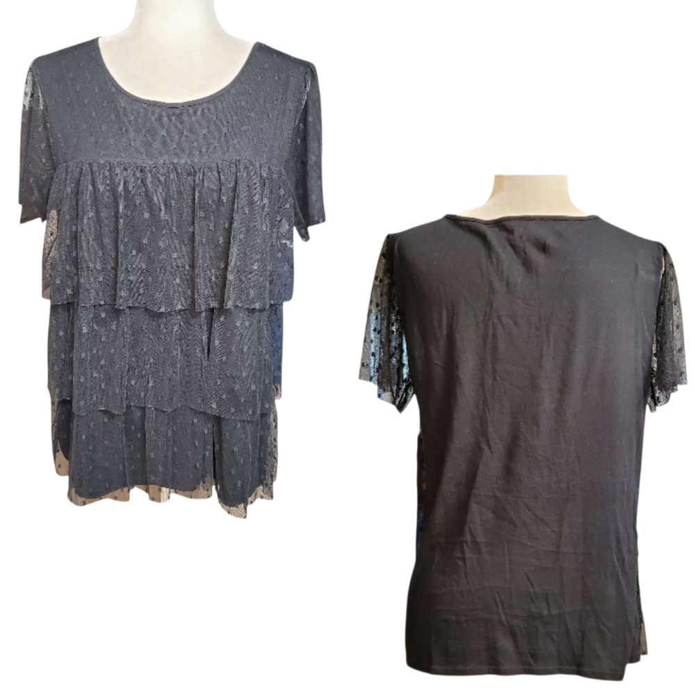 LOFT Black Ruffle Tiered Short Sleeve Blouse Size Medium
